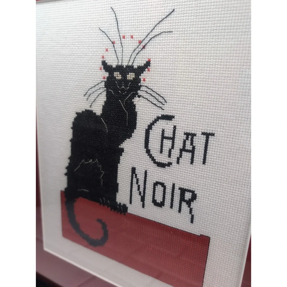 Mod Vintage Le Chat Noir Black Cat Framed/Matted Needlepoint Wall Art Handmade
